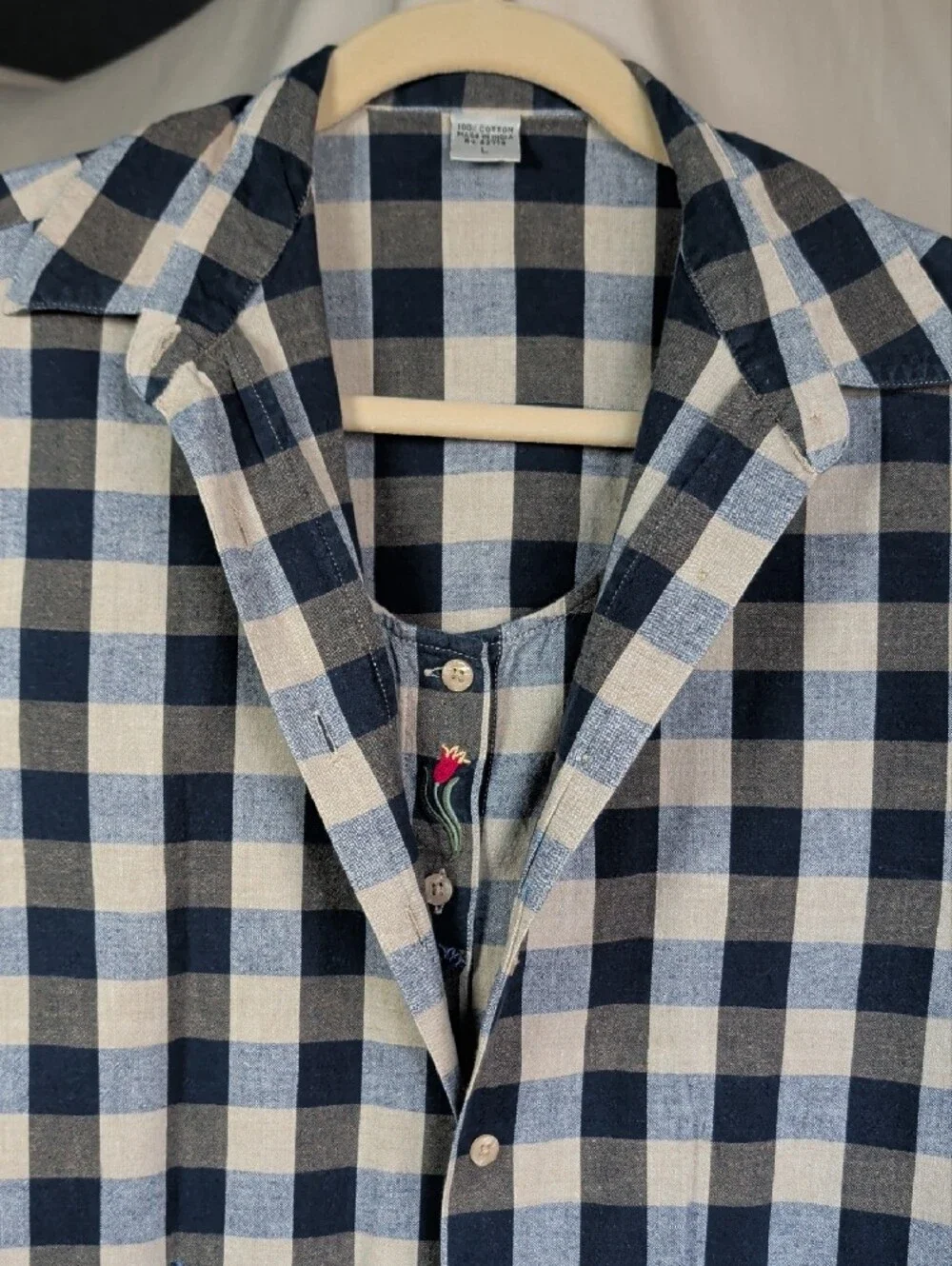 Embroidered Blue & White Gingham Button Shirt Set Grannycore Leisure Wear